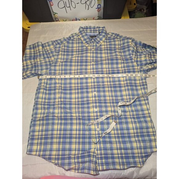 Casuals Round Tree & Yorke Mens Blue And Yellow Plaid Long Sleeve Button Down - Picture 9 of 13